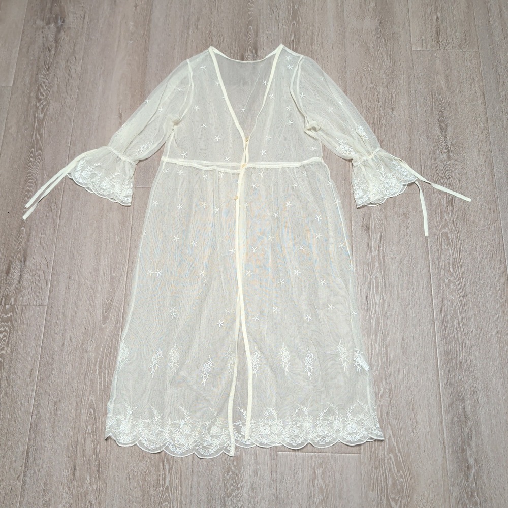 Cream Sheer Mesh Lingerie Robe Bell Sleeve Floral Scalloped Lace Midi Medium